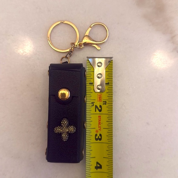 Vegan leather lip balm/lipstick case keychain with jeweled accent and gold tone. - Picture 3 of 4